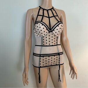 VICTORIA'S SECRET Caged Dot MERRY WIDOW Nude & Black CORSET Bustier w GARTER 36C